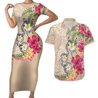 Hawaiian Tropical Flowers and Tribal Turtles Couples Matching Short Sleeve Bodycon Dress and Hawaiian Shirt Polynesian Art Motifs Beige Color LT03 Beige - Polynesian Pride
