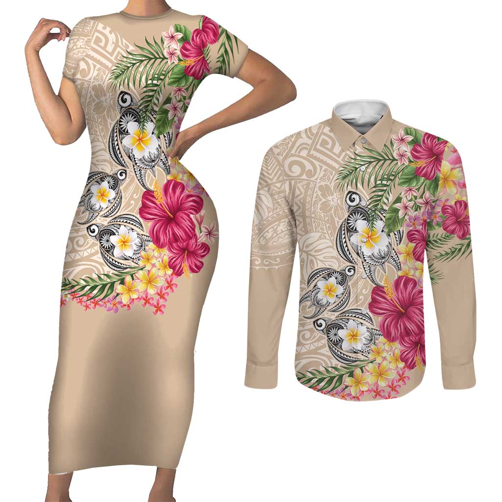 Hawaiian Tropical Flowers and Tribal Turtles Couples Matching Short Sleeve Bodycon Dress and Long Sleeve Button Shirt Polynesian Art Motifs Beige Color LT03 Beige - Polynesian Pride
