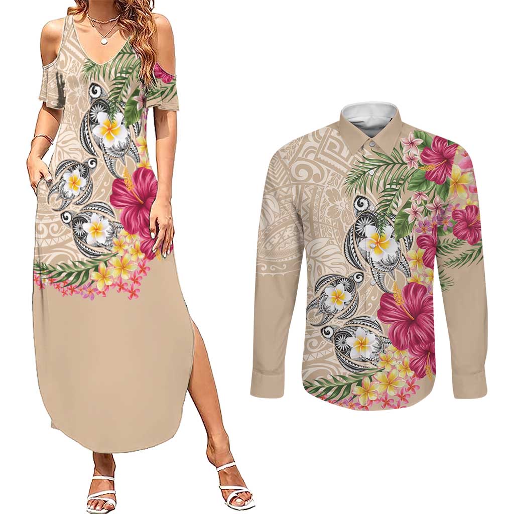 Hawaiian Tropical Flowers and Tribal Turtles Couples Matching Summer Maxi Dress and Long Sleeve Button Shirt Polynesian Art Motifs Beige Color LT03 Beige - Polynesian Pride