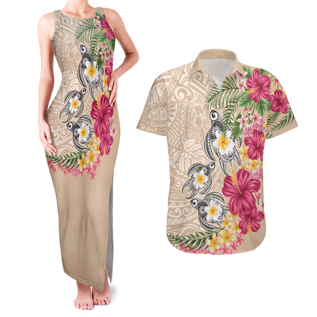 Hawaiian Tropical Flowers and Tribal Turtles Couples Matching Tank Maxi Dress and Hawaiian Shirt Polynesian Art Motifs Beige Color LT03 Beige - Polynesian Pride