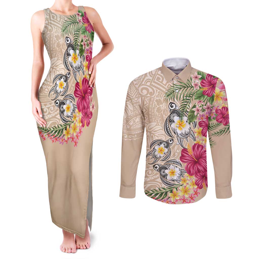 Hawaiian Tropical Flowers and Tribal Turtles Couples Matching Tank Maxi Dress and Long Sleeve Button Shirt Polynesian Art Motifs Beige Color LT03 Beige - Polynesian Pride