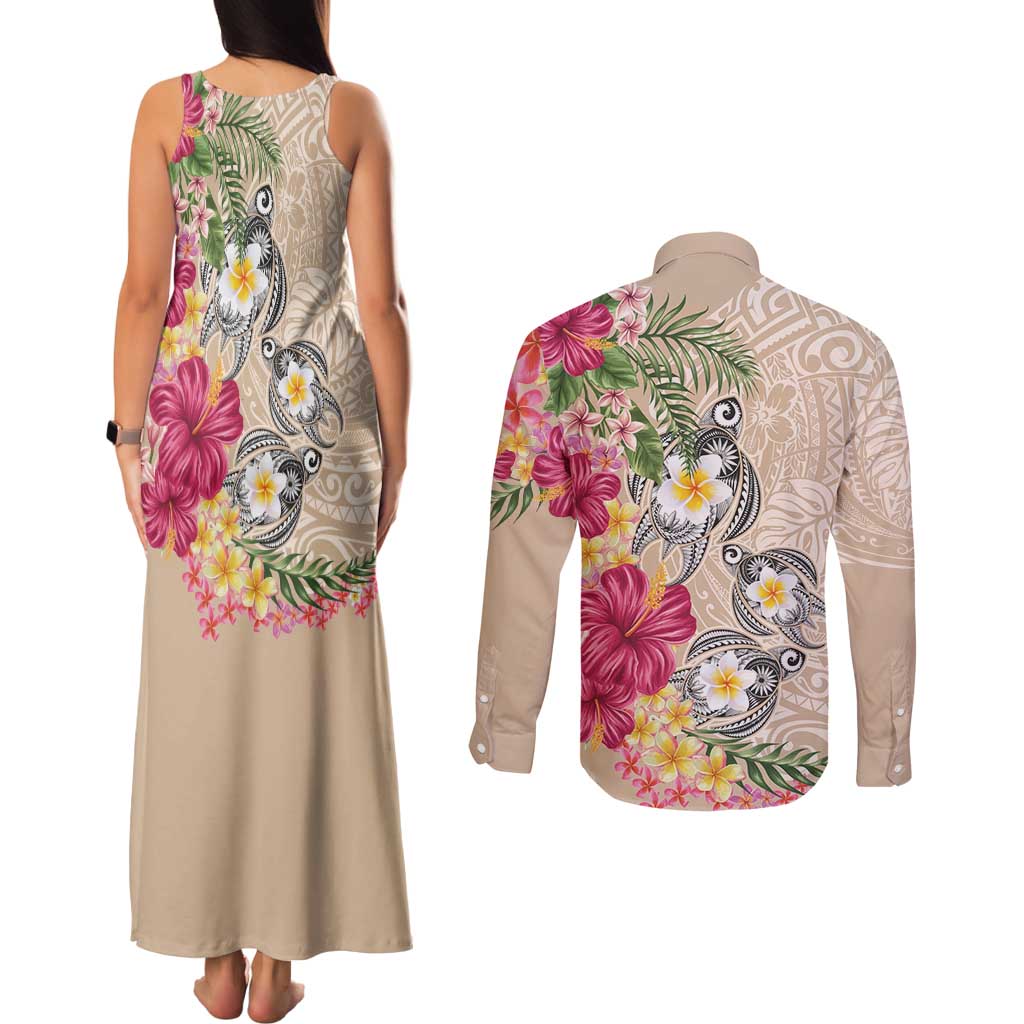 Hawaiian Tropical Flowers and Tribal Turtles Couples Matching Tank Maxi Dress and Long Sleeve Button Shirt Polynesian Art Motifs Beige Color LT03 - Polynesian Pride