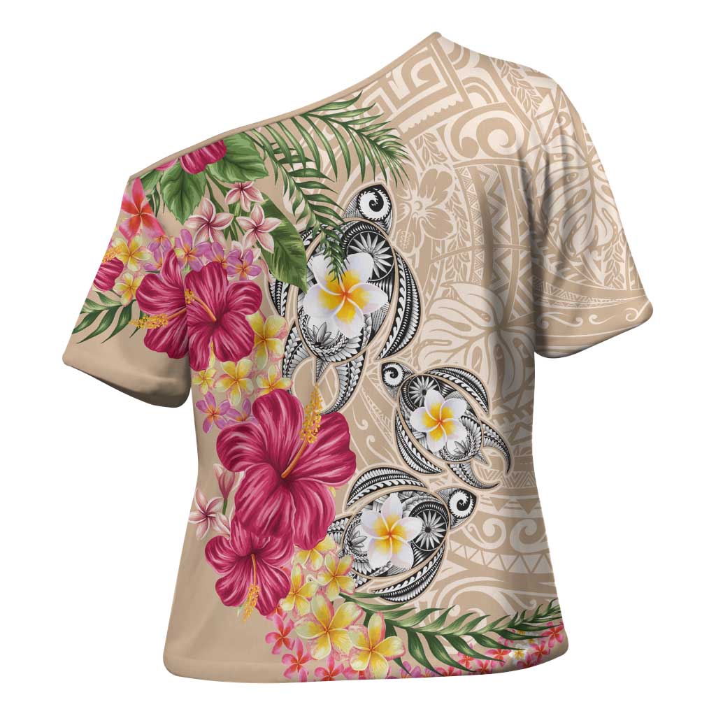 Hawaiian Tropical Flowers and Tribal Turtles Cross Shoulder Shirt Polynesian Art Motifs Beige Color LT03 - Polynesian Pride