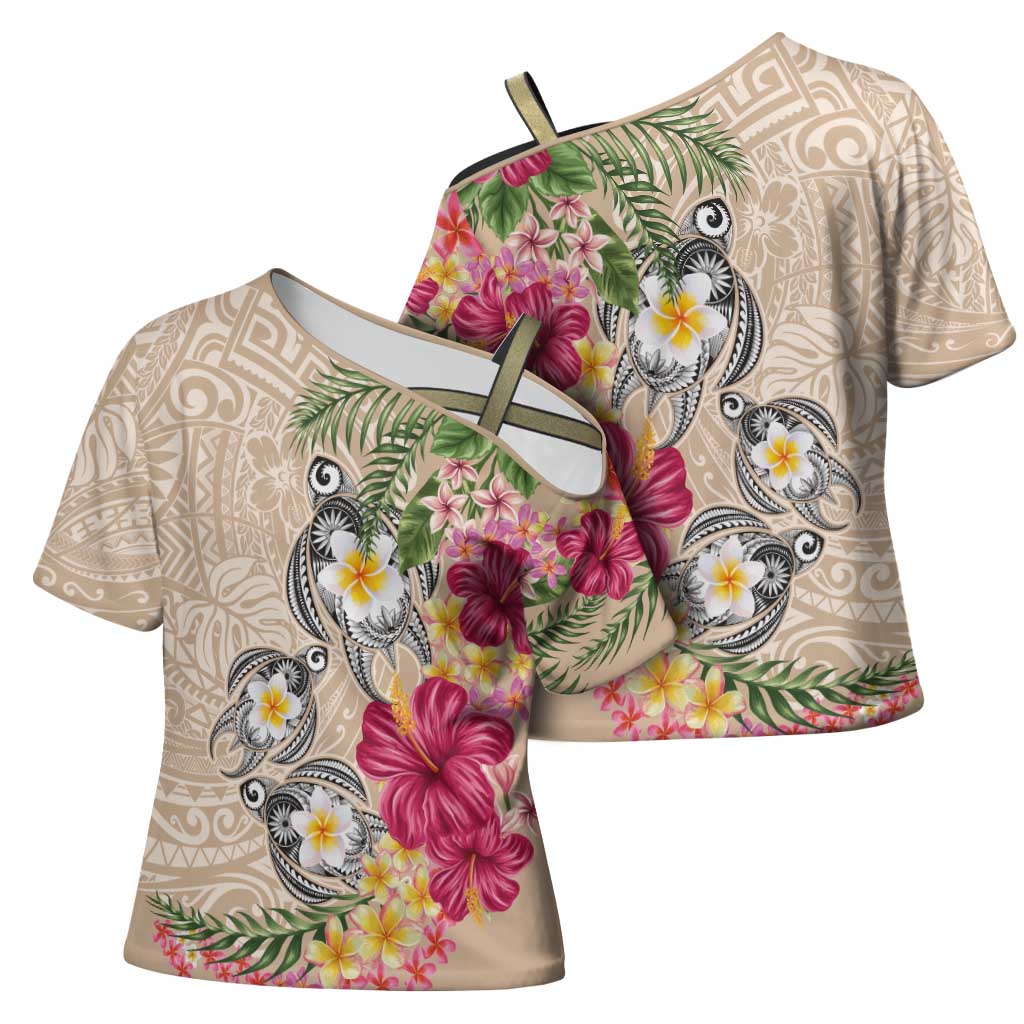 Hawaiian Tropical Flowers and Tribal Turtles Cross Shoulder Shirt Polynesian Art Motifs Beige Color LT03 - Polynesian Pride