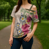 Hawaiian Tropical Flowers and Tribal Turtles Cross Shoulder Shirt Polynesian Art Motifs Beige Color LT03 - Polynesian Pride