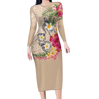 Hawaiian Tropical Flowers and Tribal Turtles Family Matching Long Sleeve Bodycon Dress and Hawaiian Shirt Polynesian Art Motifs Beige Color LT03 Mom's Dress Beige - Polynesian Pride