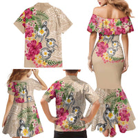Hawaiian Tropical Flowers and Tribal Turtles Family Matching Mermaid Dress and Hawaiian Shirt Polynesian Art Motifs Beige Color LT03 - Polynesian Pride