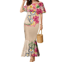 Hawaiian Tropical Flowers and Tribal Turtles Family Matching Mermaid Dress and Hawaiian Shirt Polynesian Art Motifs Beige Color LT03 Mom's Dress Beige - Polynesian Pride