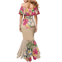 Hawaiian Tropical Flowers and Tribal Turtles Family Matching Mermaid Dress and Hawaiian Shirt Polynesian Art Motifs Beige Color LT03 - Polynesian Pride