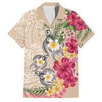 Hawaiian Tropical Flowers and Tribal Turtles Family Matching Off The Shoulder Long Sleeve Dress and Hawaiian Shirt Polynesian Art Motifs Beige Color LT03 Dad's Shirt - Short Sleeve Beige - Polynesian Pride