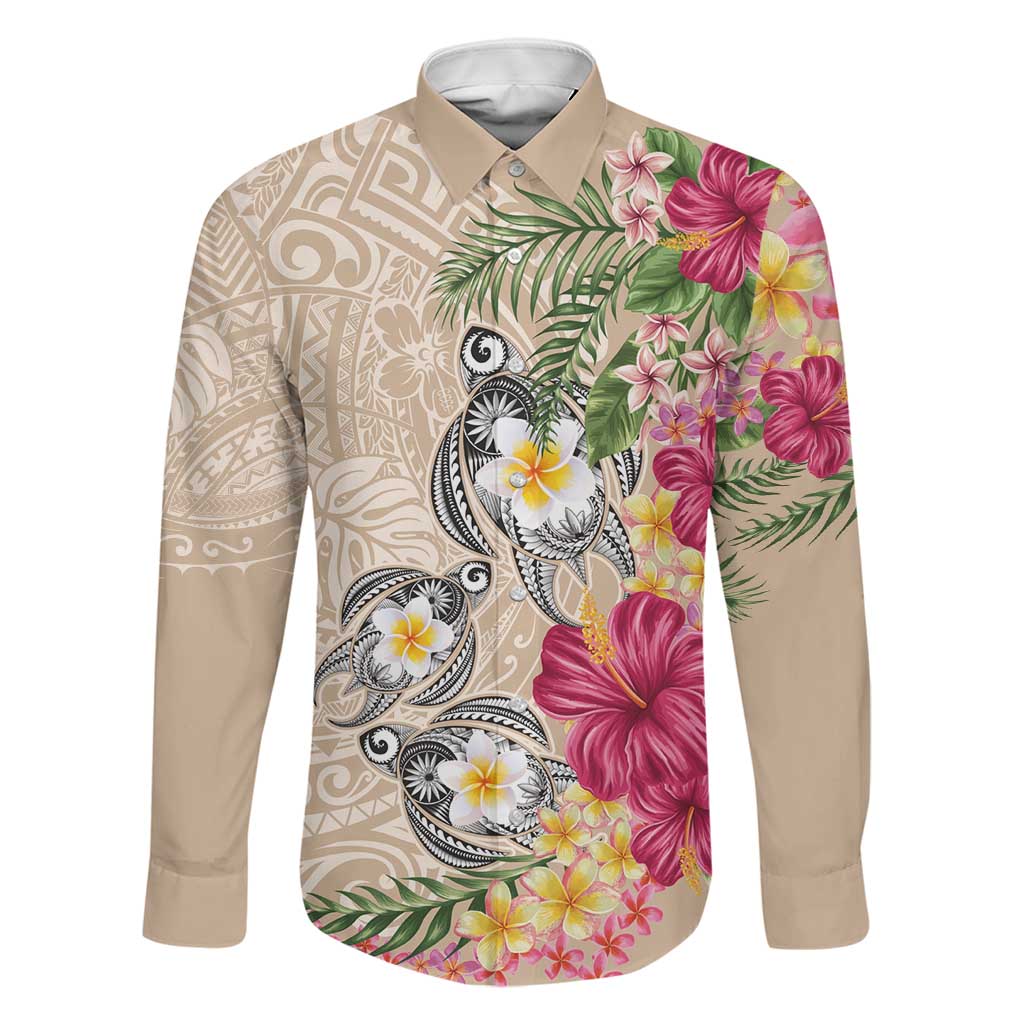 Hawaiian Tropical Flowers and Tribal Turtles Family Matching Off The Shoulder Long Sleeve Dress and Hawaiian Shirt Polynesian Art Motifs Beige Color LT03 Dad's Shirt - Long Sleeve Beige - Polynesian Pride