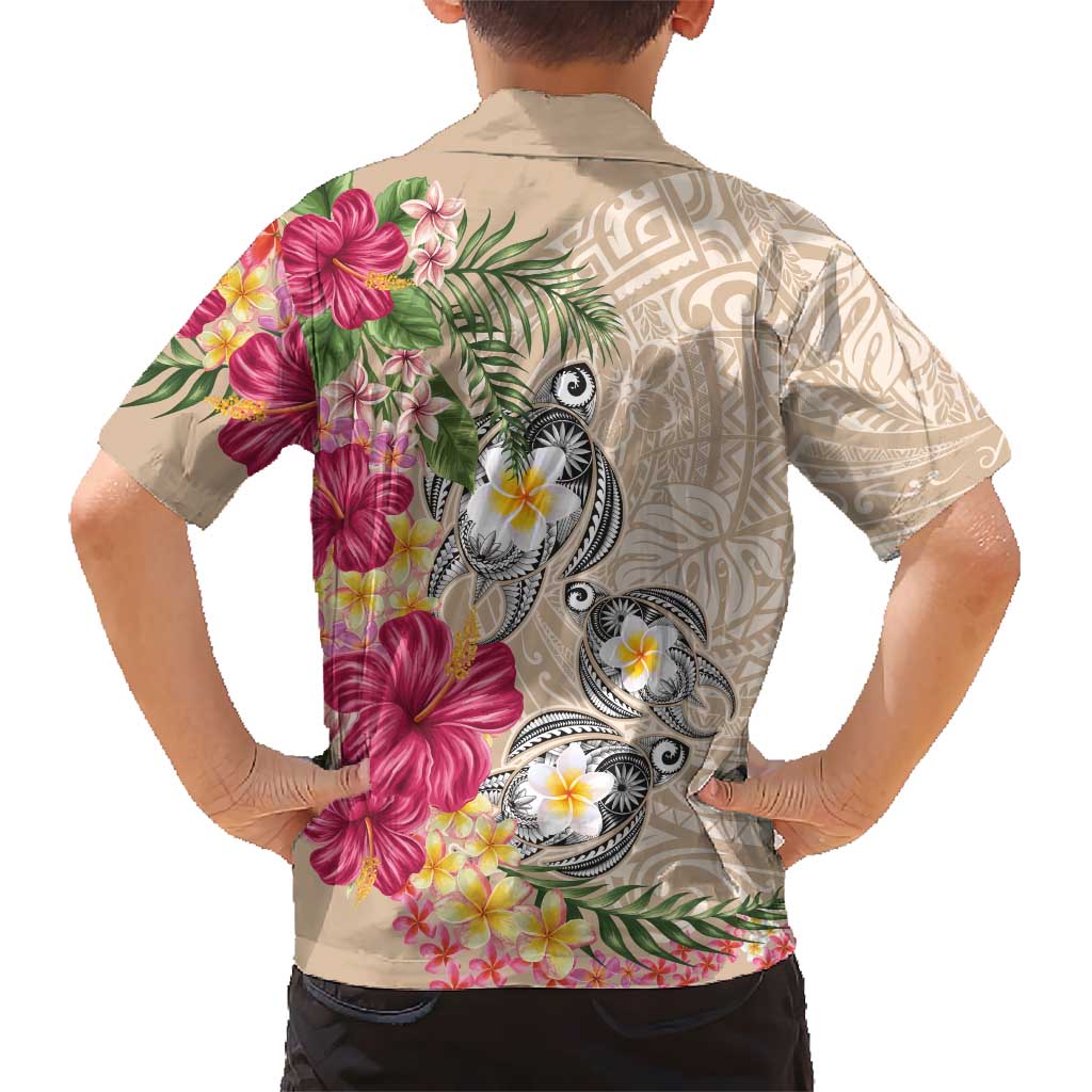 Hawaiian Tropical Flowers and Tribal Turtles Family Matching Off Shoulder Maxi Dress and Hawaiian Shirt Polynesian Art Motifs Beige Color LT03 - Polynesian Pride