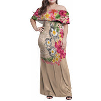 Hawaiian Tropical Flowers and Tribal Turtles Family Matching Off Shoulder Maxi Dress and Hawaiian Shirt Polynesian Art Motifs Beige Color LT03 Mom's Dress Beige - Polynesian Pride