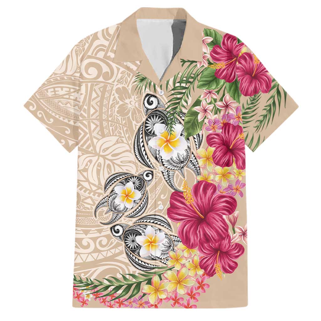 Hawaiian Tropical Flowers and Tribal Turtles Family Matching Off Shoulder Short Dress and Hawaiian Shirt Polynesian Art Motifs Beige Color LT03 Dad's Shirt - Short Sleeve Beige - Polynesian Pride
