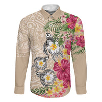 Hawaiian Tropical Flowers and Tribal Turtles Family Matching Off Shoulder Short Dress and Hawaiian Shirt Polynesian Art Motifs Beige Color LT03 Dad's Shirt - Long Sleeve Beige - Polynesian Pride