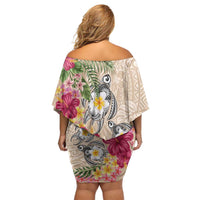 Hawaiian Tropical Flowers and Tribal Turtles Family Matching Off Shoulder Short Dress and Hawaiian Shirt Polynesian Art Motifs Beige Color LT03 - Polynesian Pride