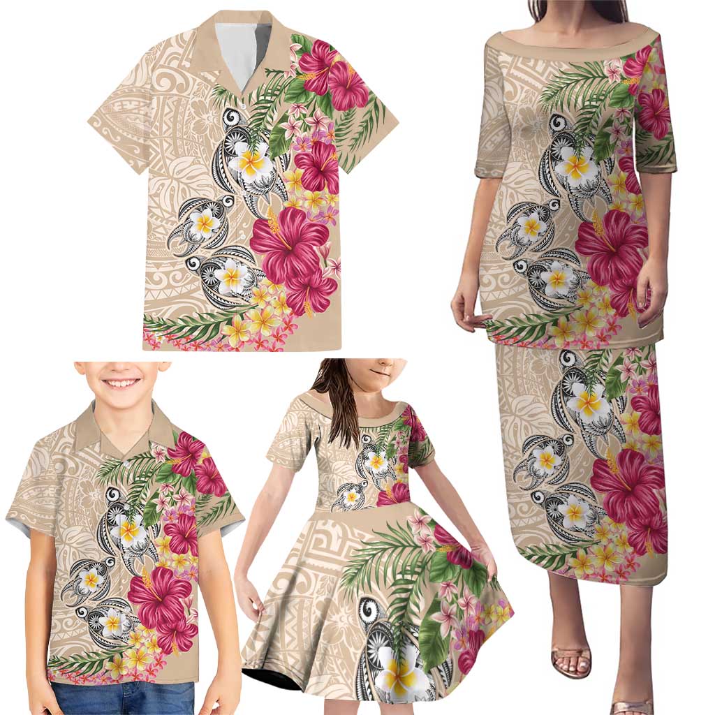 Hawaiian Tropical Flowers and Tribal Turtles Family Matching Puletasi and Hawaiian Shirt Polynesian Art Motifs Beige Color - Polynesian Pride