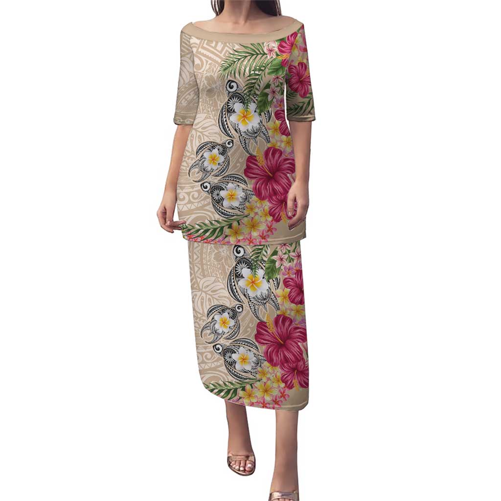 Hawaiian Tropical Flowers and Tribal Turtles Family Matching Puletasi and Hawaiian Shirt Polynesian Art Motifs Beige Color LT03 Mom's Dress Beige - Polynesian Pride