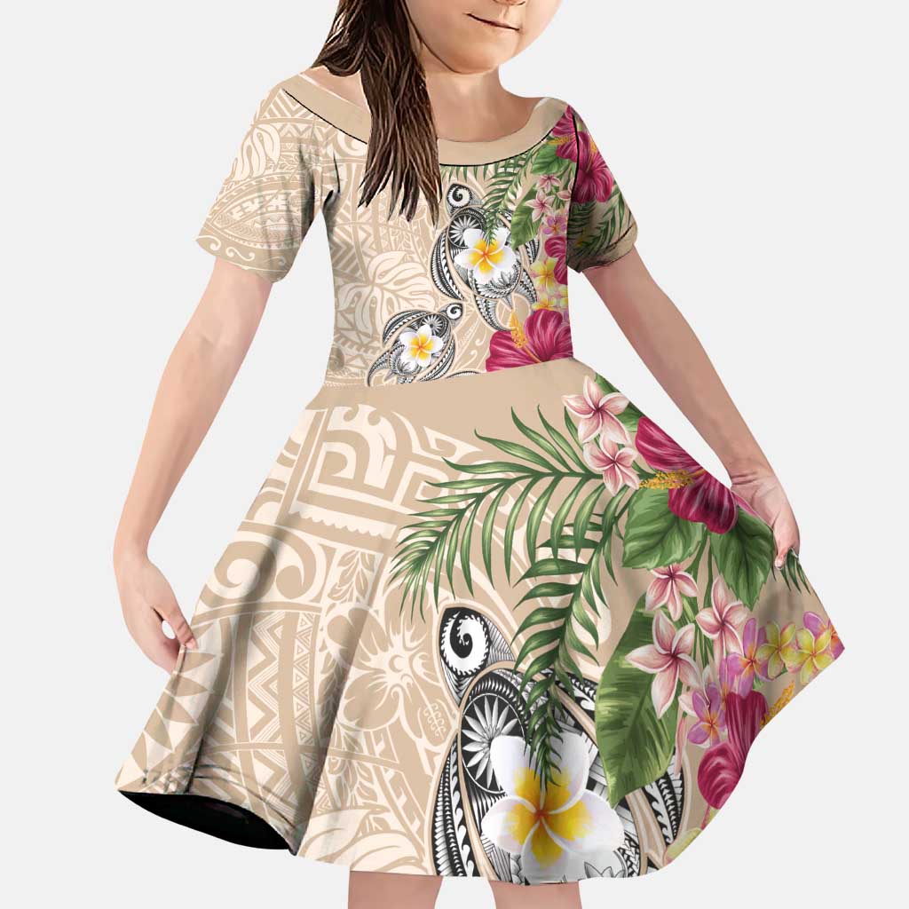 Hawaiian Tropical Flowers and Tribal Turtles Family Matching Short Sleeve Bodycon Dress and Hawaiian Shirt Polynesian Art Motifs Beige Color LT03 Daughter's Dress Beige - Polynesian Pride