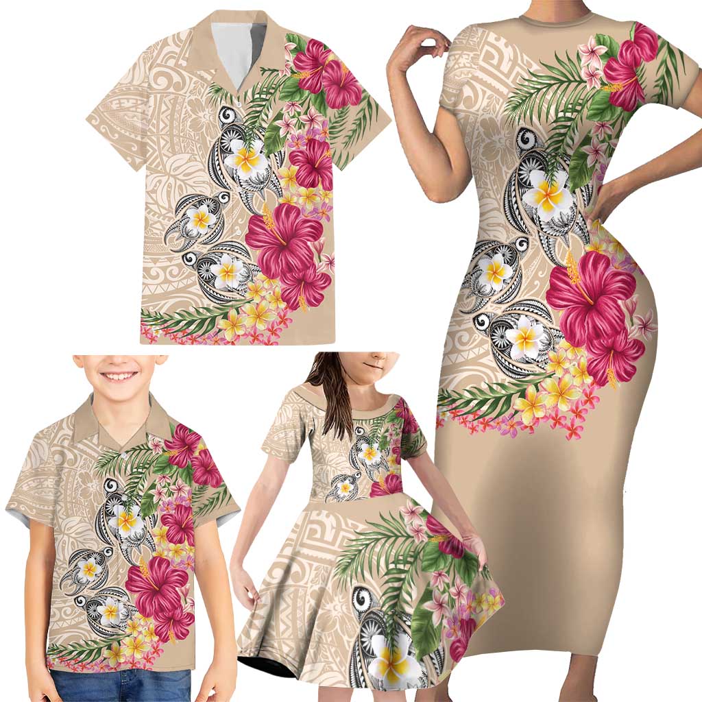 Hawaiian Tropical Flowers and Tribal Turtles Family Matching Short Sleeve Bodycon Dress and Hawaiian Shirt Polynesian Art Motifs Beige Color LT03 - Polynesian Pride
