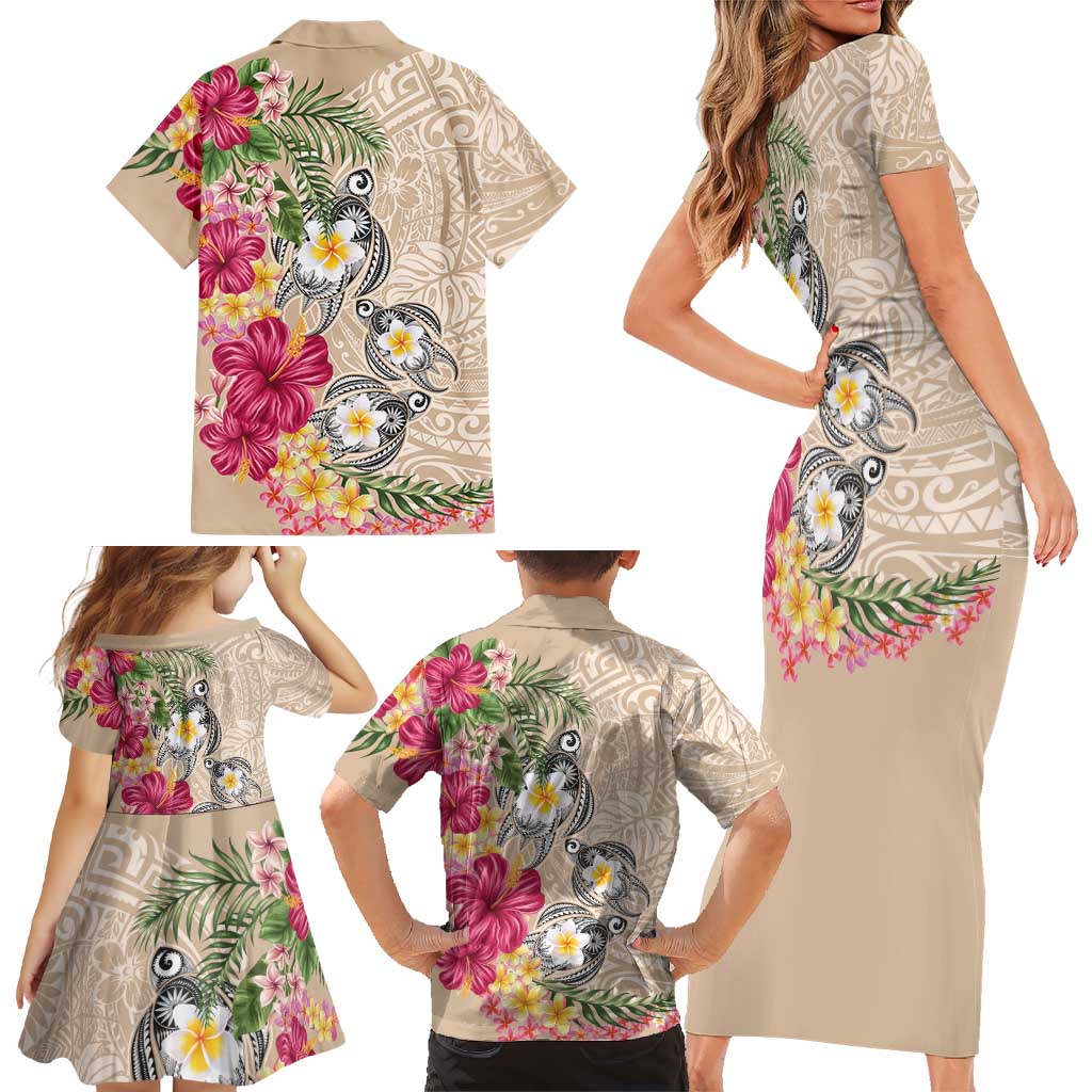 Hawaiian Tropical Flowers and Tribal Turtles Family Matching Short Sleeve Bodycon Dress and Hawaiian Shirt Polynesian Art Motifs Beige Color LT03 - Polynesian Pride