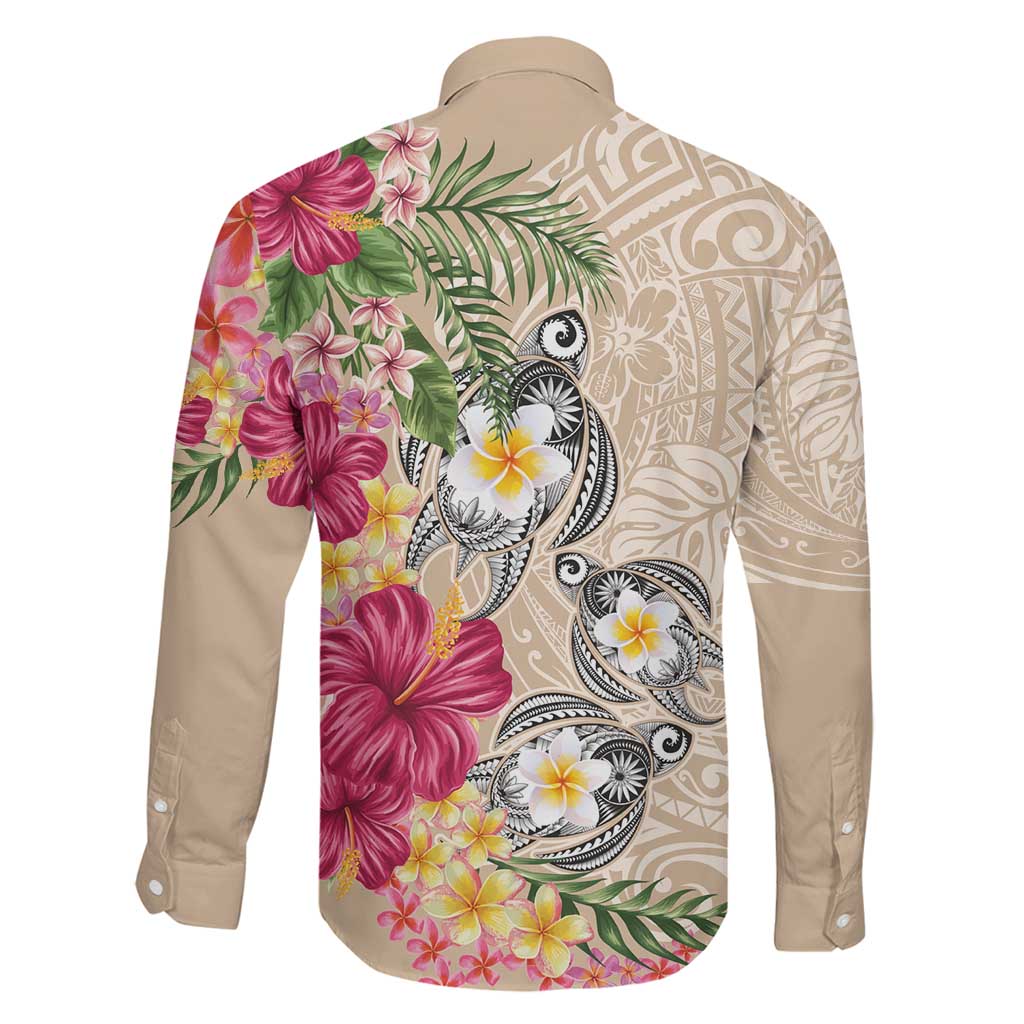 Hawaiian Tropical Flowers and Tribal Turtles Family Matching Summer Maxi Dress and Hawaiian Shirt Polynesian Art Motifs Beige Color LT03 - Polynesian Pride