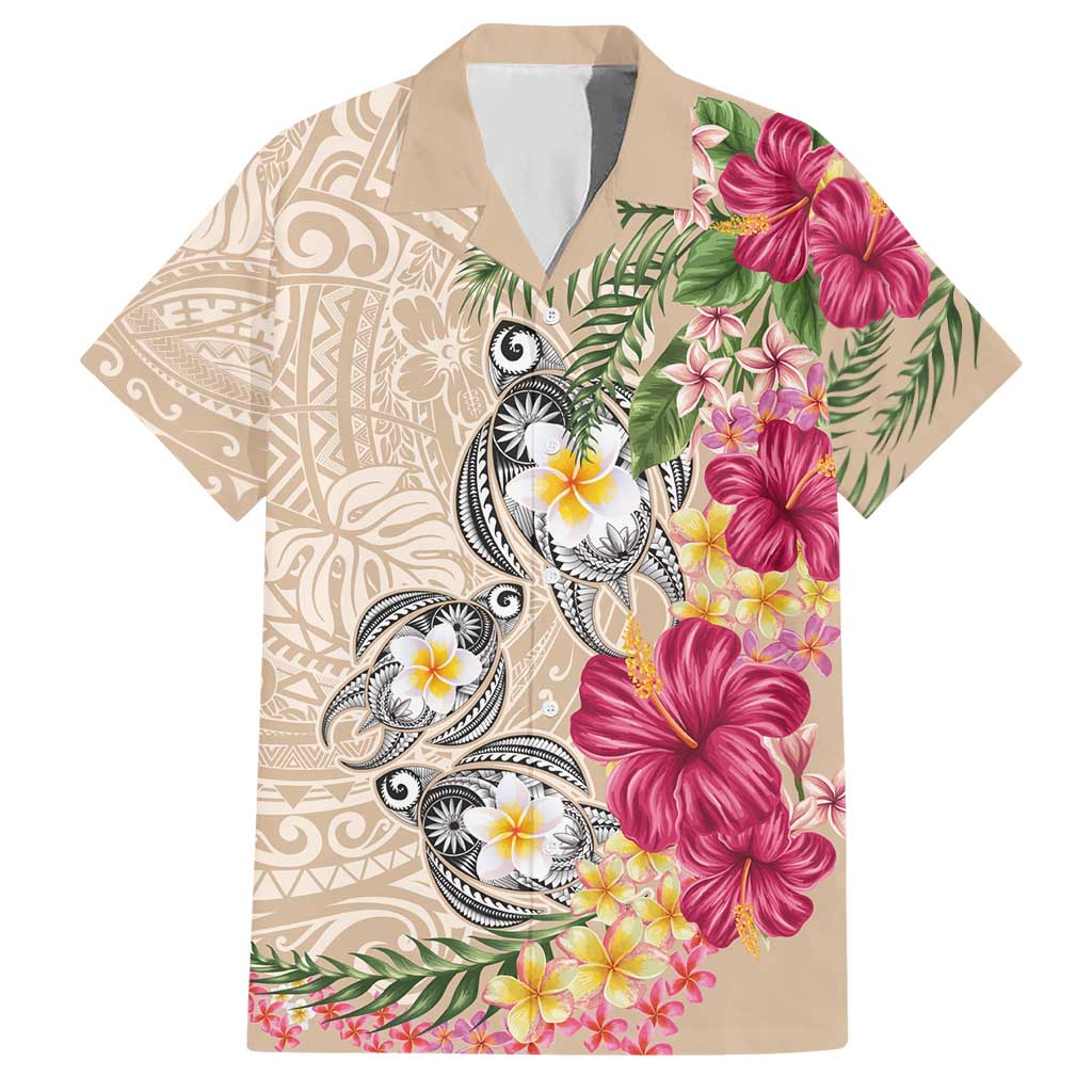 Hawaiian Tropical Flowers and Tribal Turtles Hawaiian Shirt Polynesian Art Motifs Beige Color LT03 Beige - Polynesian Pride
