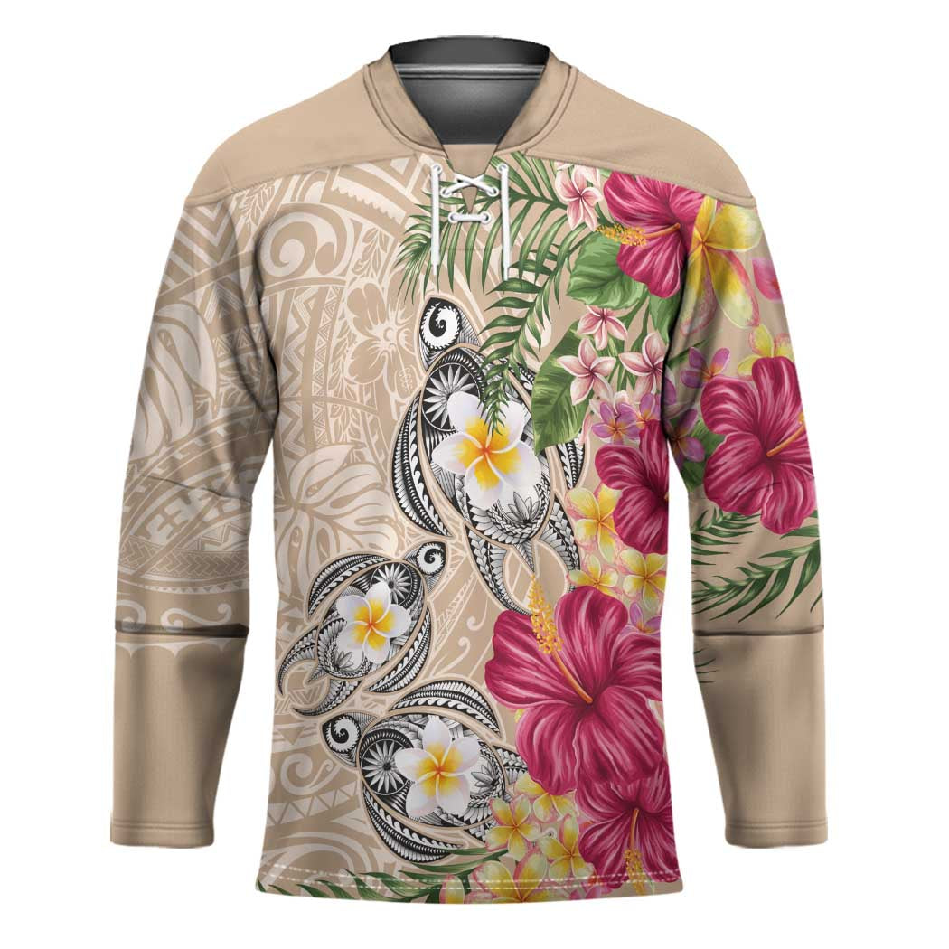 Hawaiian Tropical Flowers and Tribal Turtles Hockey Jersey Polynesian Art Motifs Beige Color LT03 Unisex Beige - Polynesian Pride