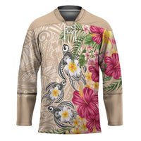 Hawaiian Tropical Flowers and Tribal Turtles Hockey Jersey Polynesian Art Motifs Beige Color LT03 Unisex Beige - Polynesian Pride