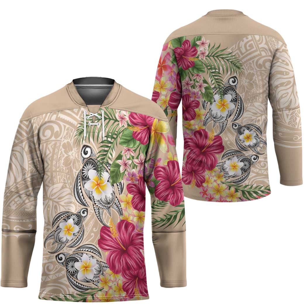 Hawaiian Tropical Flowers and Tribal Turtles Hockey Jersey Polynesian Art Motifs Beige Color LT03 - Polynesian Pride