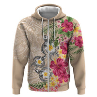 Hawaiian Tropical Flowers and Tribal Turtles Hoodie Polynesian Art Motifs Beige Color LT03 Zip Hoodie Beige - Polynesian Pride