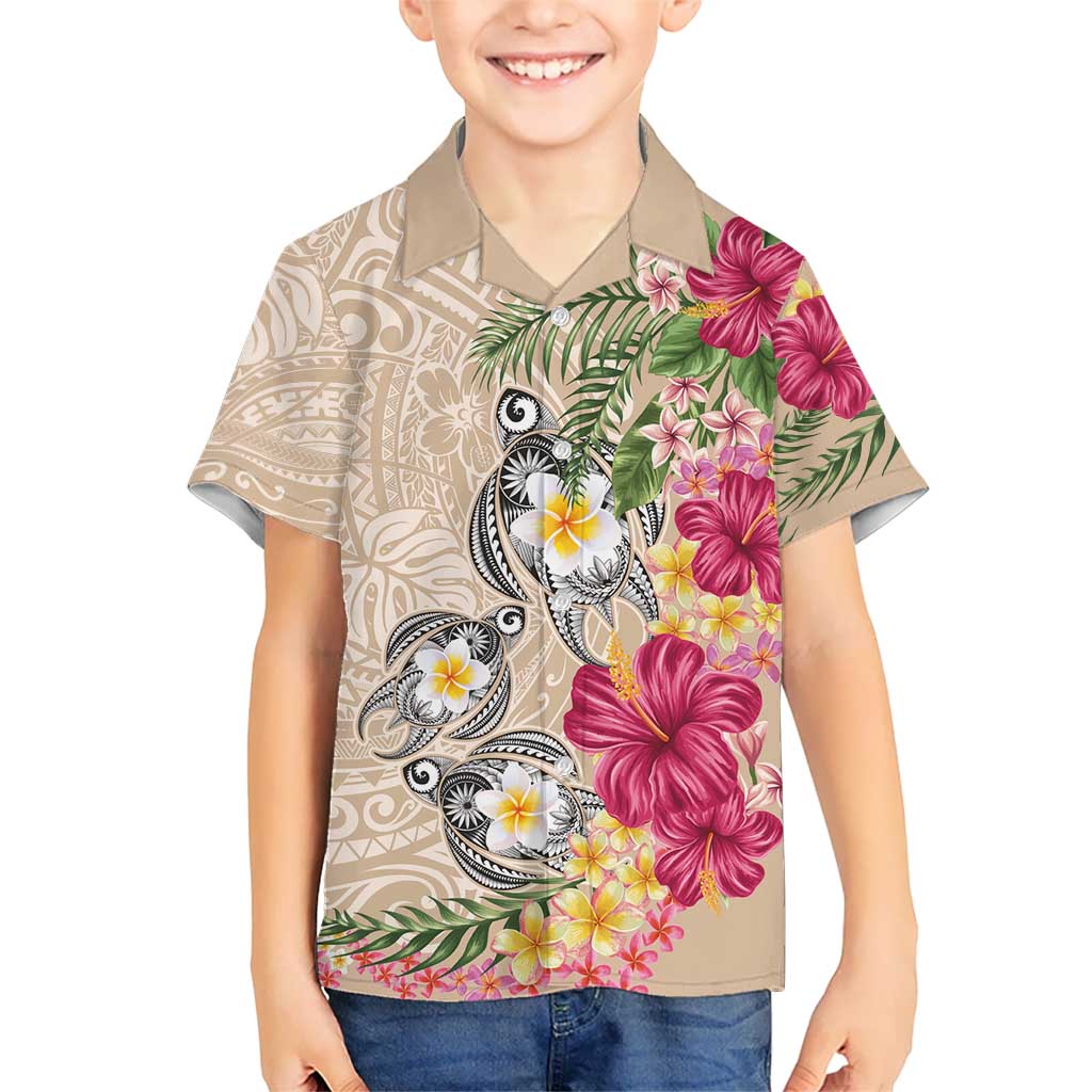 Hawaiian Tropical Flowers and Tribal Turtles Kid Hawaiian Shirt Polynesian Art Motifs Beige Color LT03 Kid Beige - Polynesian Pride