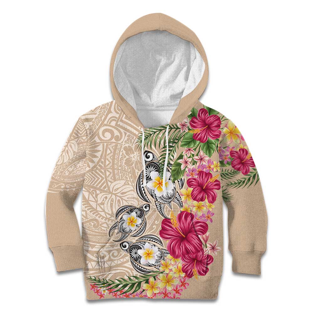 Hawaiian Tropical Flowers and Tribal Turtles Kid Hoodie Polynesian Art Motifs Beige Color LT03 Hoodie Beige - Polynesian Pride