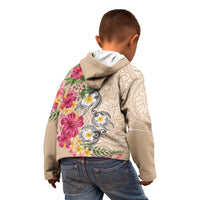 Hawaiian Tropical Flowers and Tribal Turtles Kid Hoodie Polynesian Art Motifs Beige Color LT03 - Polynesian Pride