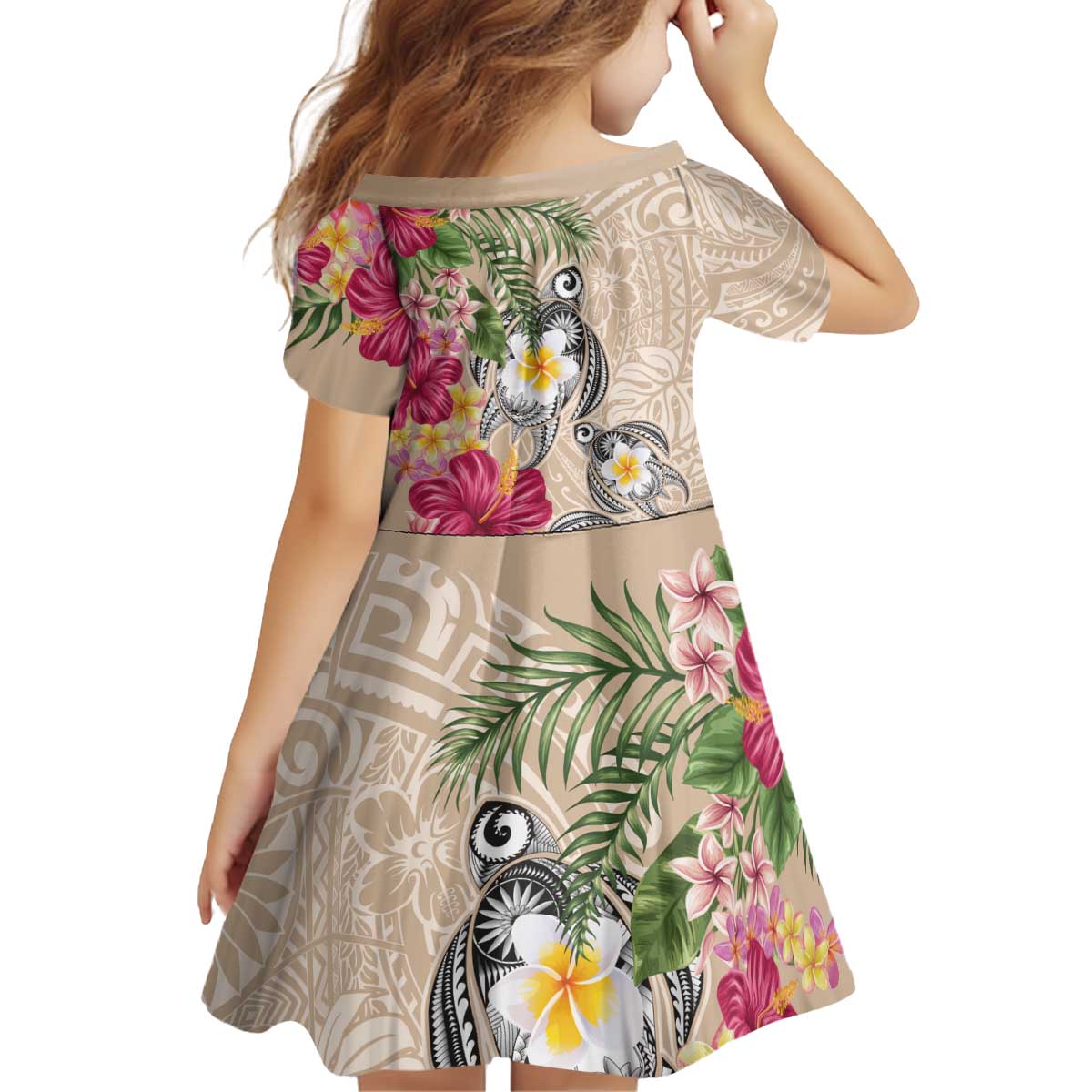 Hawaiian Tropical Flowers and Tribal Turtles Kid Short Sleeve Dress Polynesian Art Motifs Beige Color LT03 - Polynesian Pride