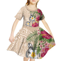 Hawaiian Tropical Flowers and Tribal Turtles Kid Short Sleeve Dress Polynesian Art Motifs Beige Color LT03 - Polynesian Pride