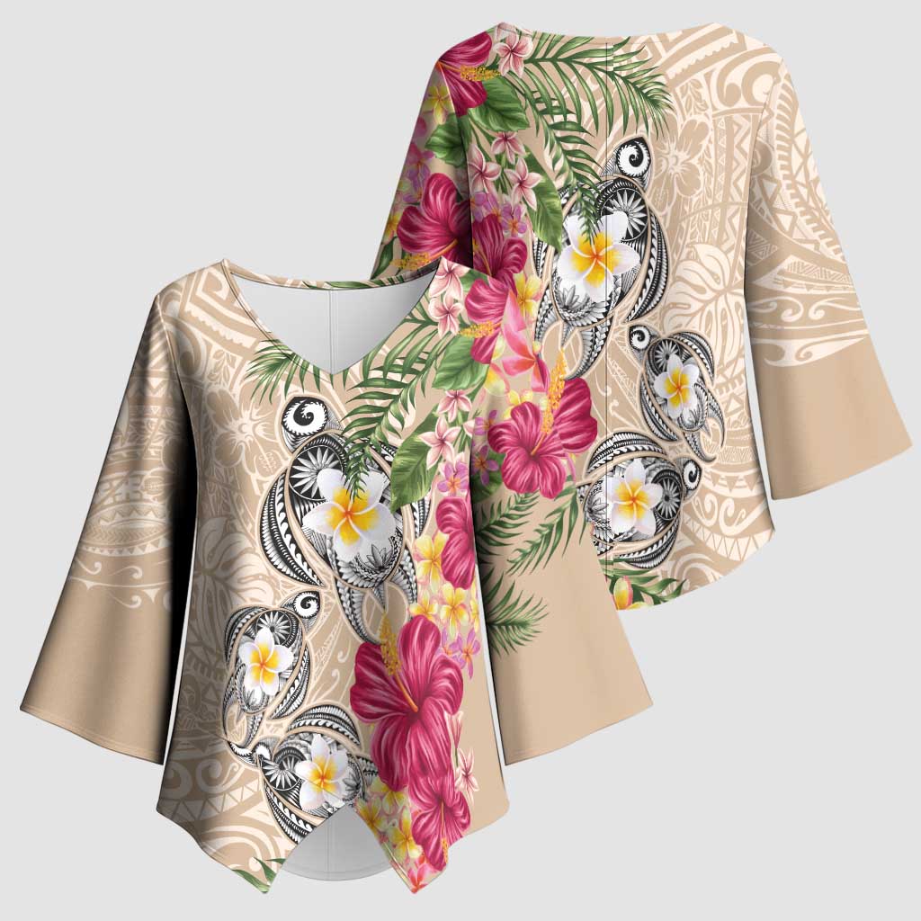 Hawaiian Tropical Flowers and Tribal Turtles Kimono Sleeve Blouse Polynesian Art Motifs Beige Color LT03 - Polynesian Pride