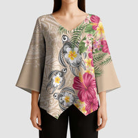 Hawaiian Tropical Flowers and Tribal Turtles Kimono Sleeve Blouse Polynesian Art Motifs Beige Color LT03 - Polynesian Pride