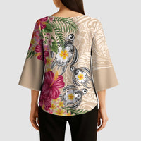 Hawaiian Tropical Flowers and Tribal Turtles Kimono Sleeve Blouse Polynesian Art Motifs Beige Color LT03 - Polynesian Pride