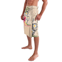 Hawaiian Tropical Flowers and Tribal Turtles Lavalava Polynesian Art Motifs Beige Color LT03 - Polynesian Pride