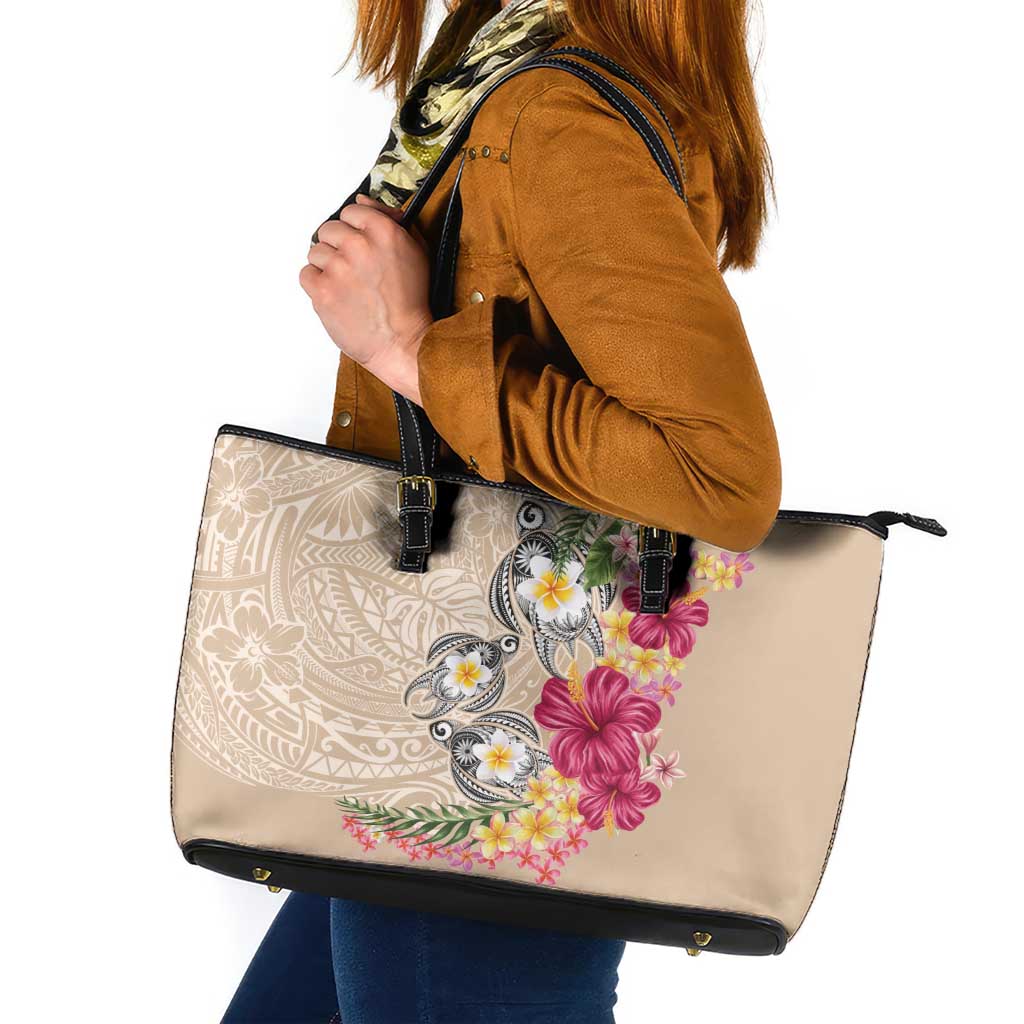 Hawaiian Tropical Flowers and Tribal Turtles Leather Tote Bag Polynesian Art Motifs Beige Color LT03 Beige - Polynesian Pride