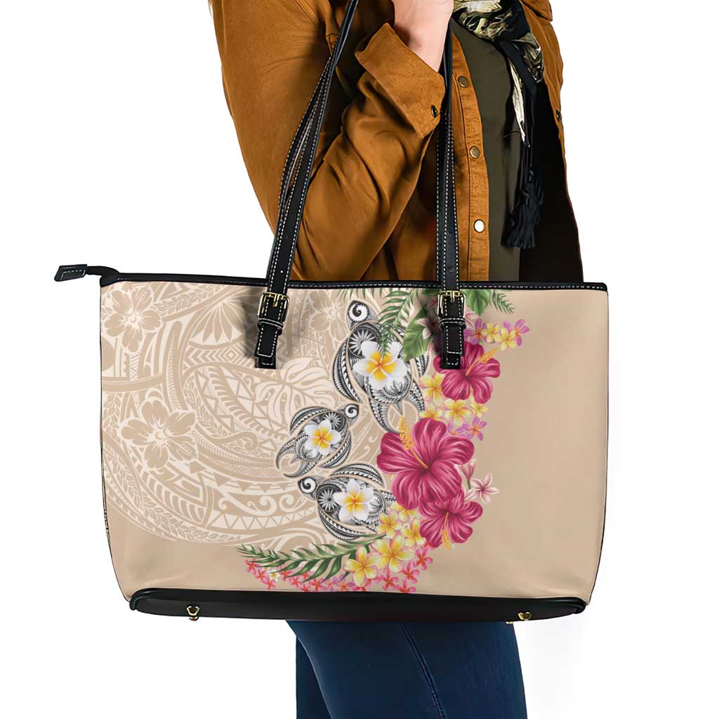 Hawaiian Tropical Flowers and Tribal Turtles Leather Tote Bag Polynesian Art Motifs Beige Color LT03 - Polynesian Pride