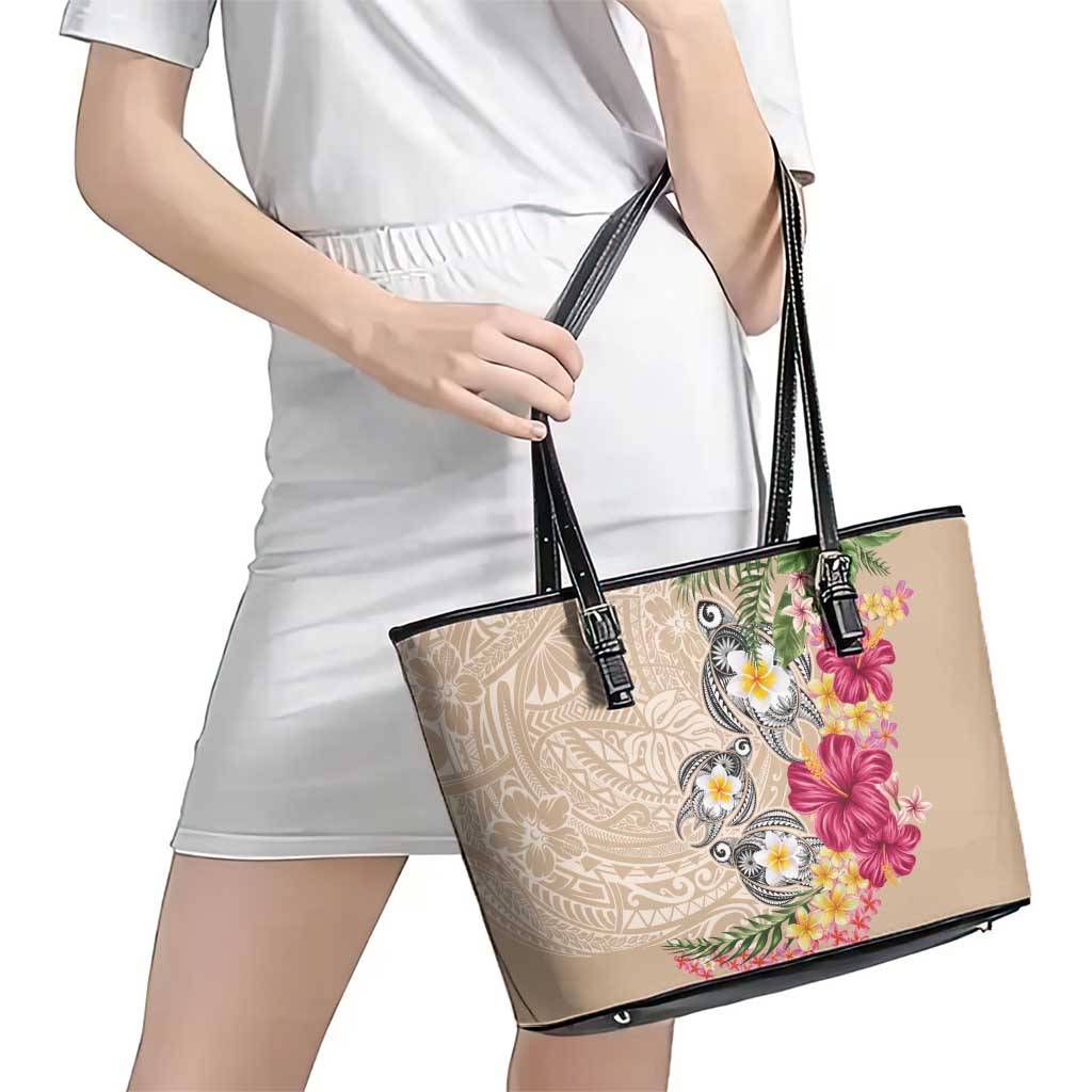 Hawaiian Tropical Flowers and Tribal Turtles Leather Tote Bag Polynesian Art Motifs Beige Color LT03 - Polynesian Pride