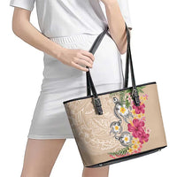 Hawaiian Tropical Flowers and Tribal Turtles Leather Tote Bag Polynesian Art Motifs Beige Color LT03 - Polynesian Pride