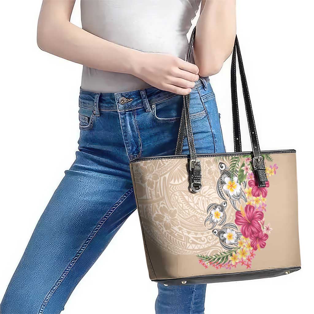 Hawaiian Tropical Flowers and Tribal Turtles Leather Tote Bag Polynesian Art Motifs Beige Color LT03 - Polynesian Pride