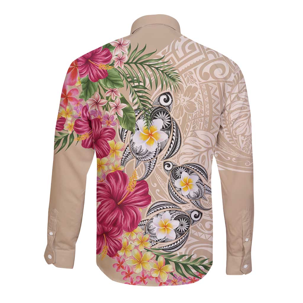 Hawaiian Tropical Flowers and Tribal Turtles Long Sleeve Button Shirt Polynesian Art Motifs Beige Color LT03 - Polynesian Pride