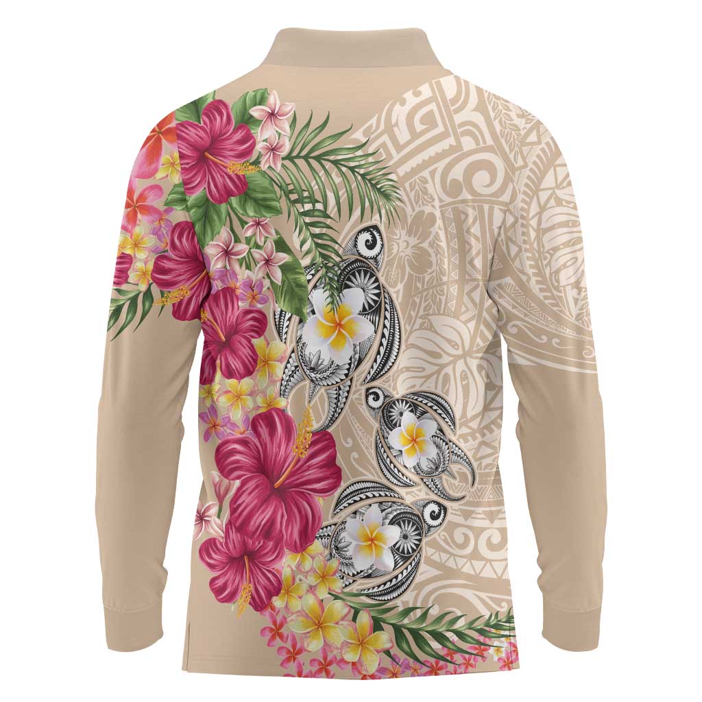 Hawaiian Tropical Flowers and Tribal Turtles Long Sleeve Polo Shirt Polynesian Art Motifs Beige Color LT03 - Polynesian Pride