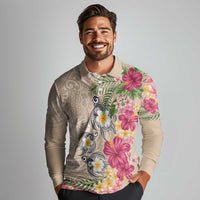Hawaiian Tropical Flowers and Tribal Turtles Long Sleeve Polo Shirt Polynesian Art Motifs Beige Color LT03 - Polynesian Pride