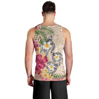 Hawaiian Tropical Flowers and Tribal Turtles Men Tank Top Polynesian Art Motifs Beige Color LT03 - Polynesian Pride