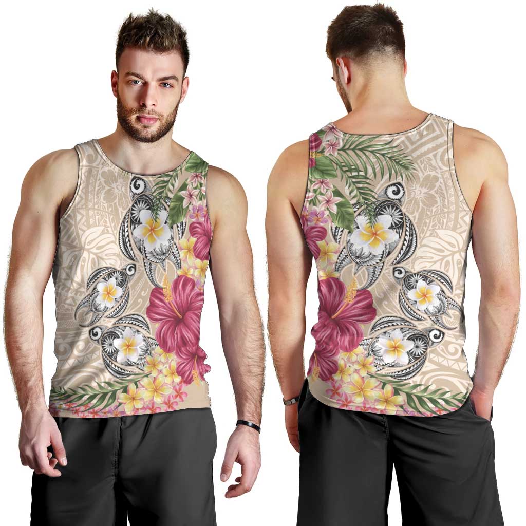 Hawaiian Tropical Flowers and Tribal Turtles Men Tank Top Polynesian Art Motifs Beige Color LT03 - Polynesian Pride